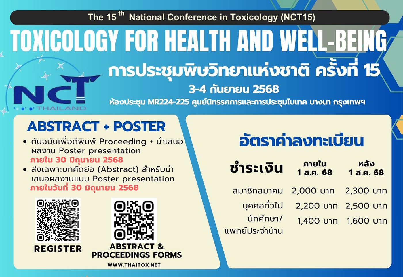 การประชุมพิษวิทยาแห่งชาติ ครั้งที่ 15 ขยายเวลารับ Proceeding ถึง 30 มิย. 2568
